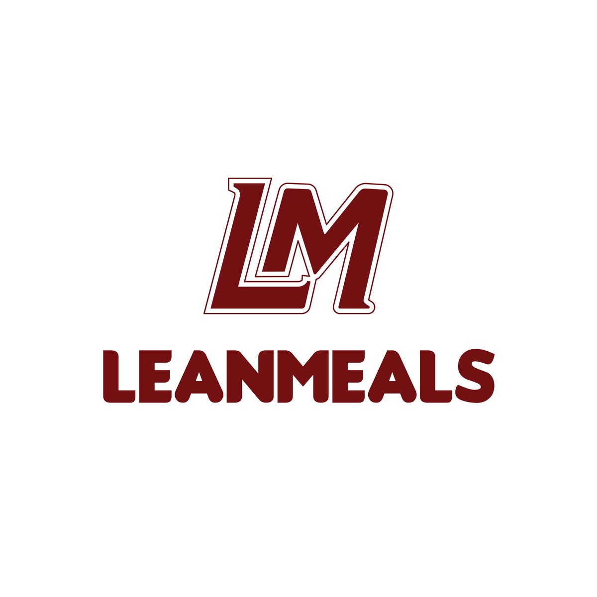 LeanMeals LM lettermark and wordmark logo in maroon